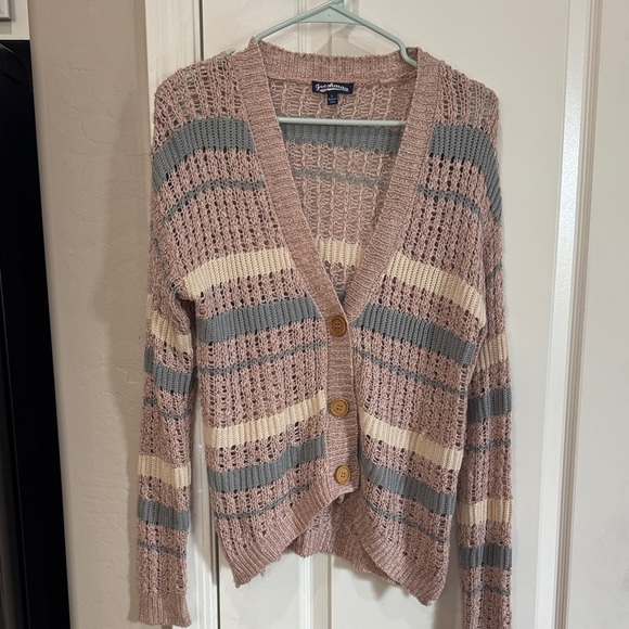 Freshman Sweaters - Freshman Pink and Gray Striped Cardigan L / G14